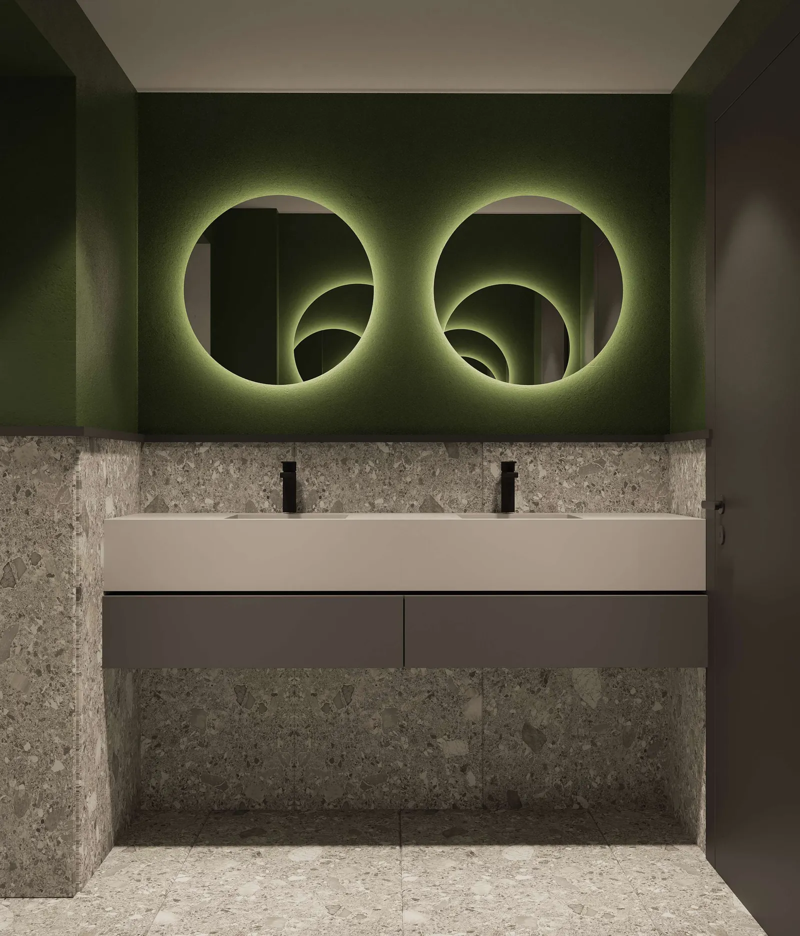 Washbasin vanity with backlit halo mirrors